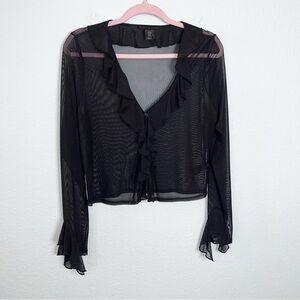 House If Harlow 1960 Ruffled Top Women Medium Sheer Black Flare Sleeve B16